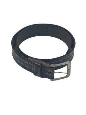 Vtg Tex Tan Bonded Leather Belt Black Contrast Stitch Silver Buckle Sz 32